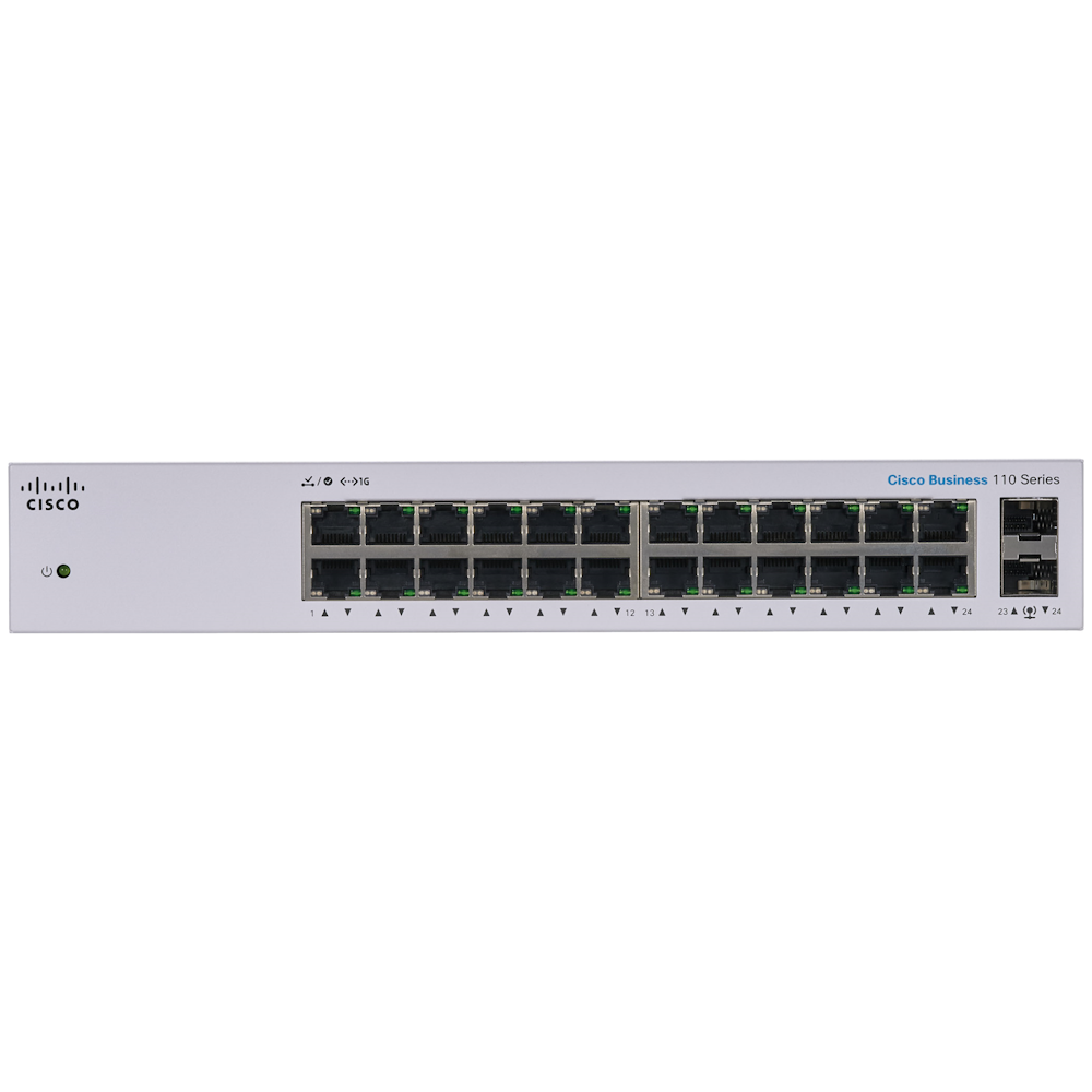 A large main feature product image of Cisco CBS110 Unmanaged 24 Port Gigabit Switch w/ 2x 1G SFP Shared Ports