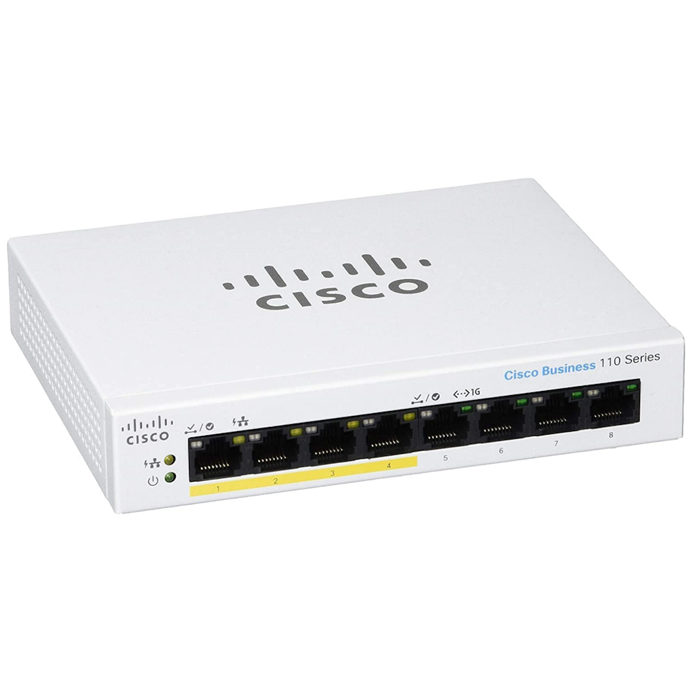 A large main feature product image of Cisco CBS110 Unmanaged 8 Port Gigabit Partial PoE Desktop Switch