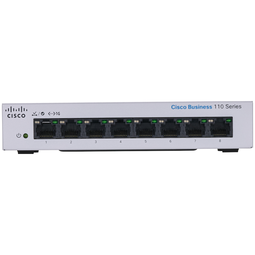 A large main feature product image of Cisco CBS110 Unmanaged 8 Port Gigabit Switch