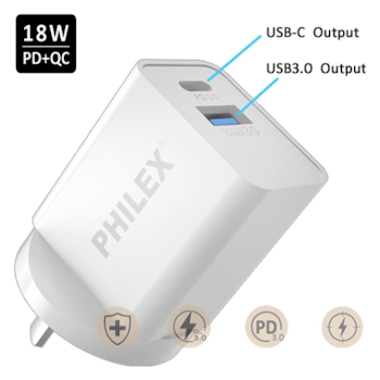 Product image of Philex USB-C & USB-A Wall Charger - Click for product page of Philex USB-C & USB-A Wall Charger