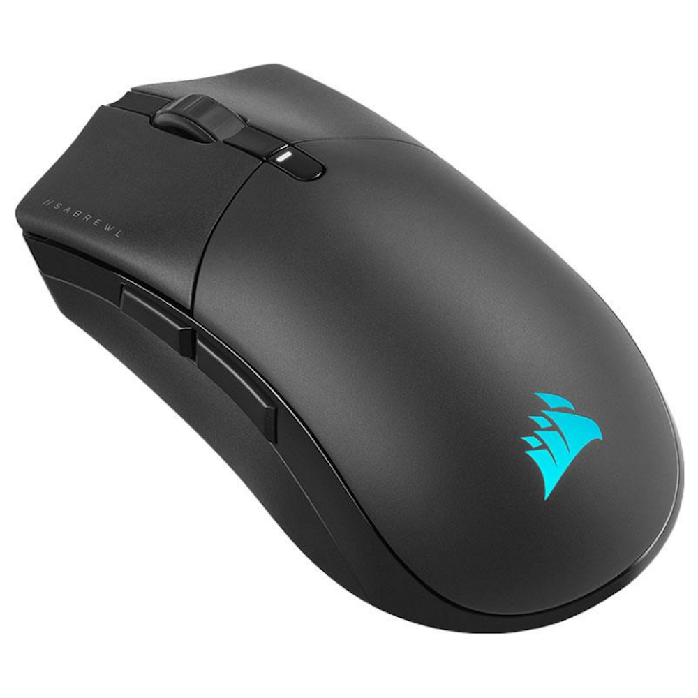 A large main feature product image of Corsair SABRE RGB PRO WIRELESS CHAMPION SERIES Ultra-Lightweight FPS/MOBA Gaming Mouse