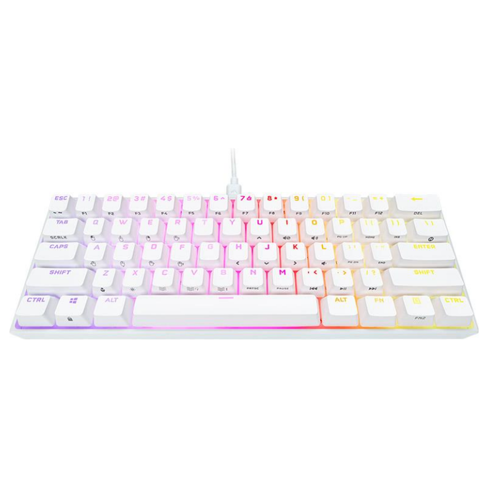 A large main feature product image of Corsair K65 RGB MINI 60% Mechanical Gaming Keyboard MX Speed - White