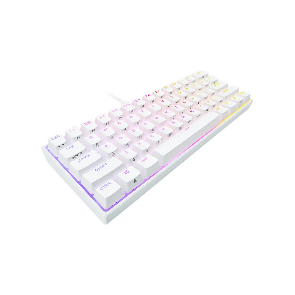 A large main feature product image of Corsair K65 RGB MINI 60% Mechanical Gaming Keyboard MX Speed - White