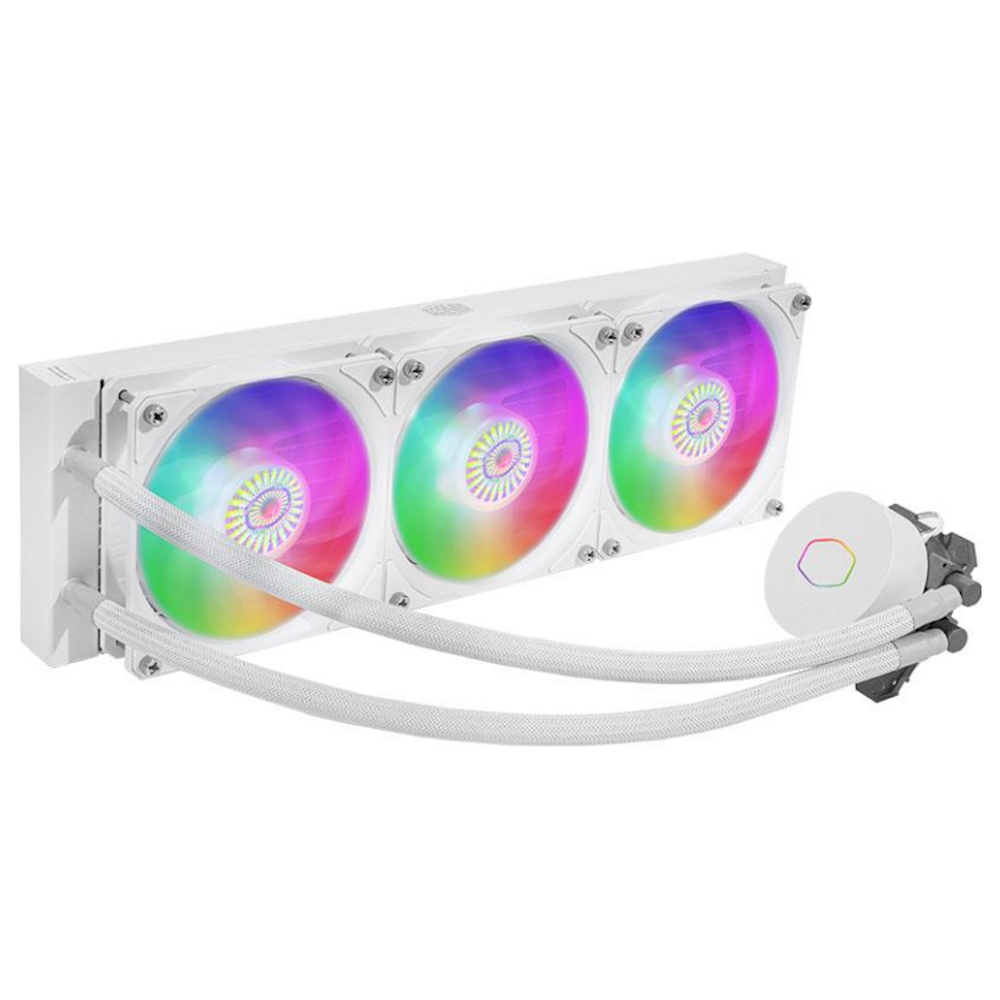 A large main feature product image of Cooler Master MasterLiquid ML360L ARGB V2 360mm White Edition AIO Liquid Cooler