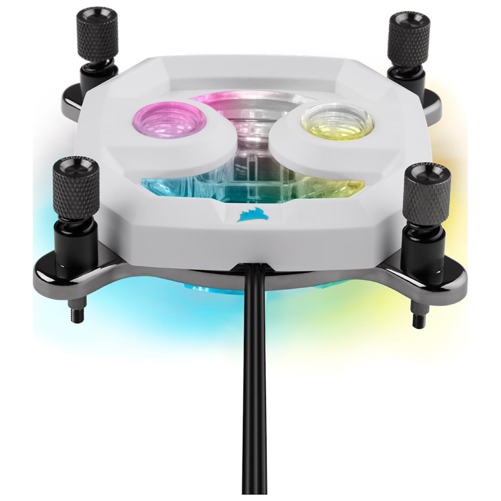 A large main feature product image of Corsair Hydro X Series XC7 RGB PRO CPU Water Block (1700/1200/AM5/AM4) — White