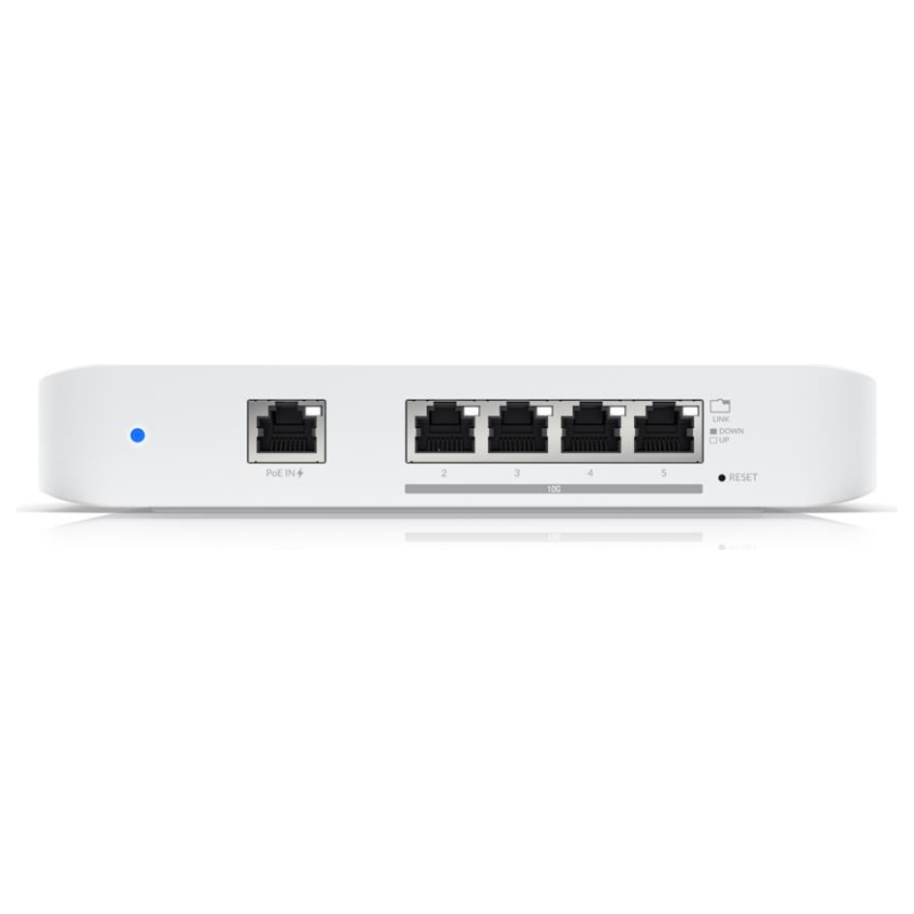 A large main feature product image of Ubiquiti UniFi Flex XG 5-Port Layer 2 10GbE Switch