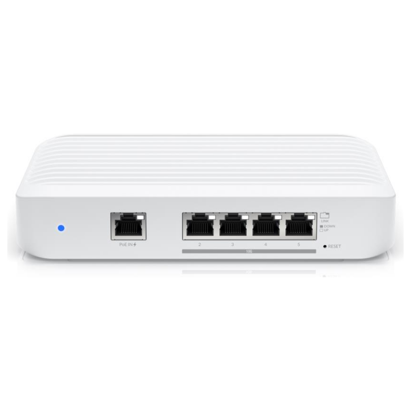 A large main feature product image of Ubiquiti UniFi Flex XG 5-Port Layer 2 10GbE Switch