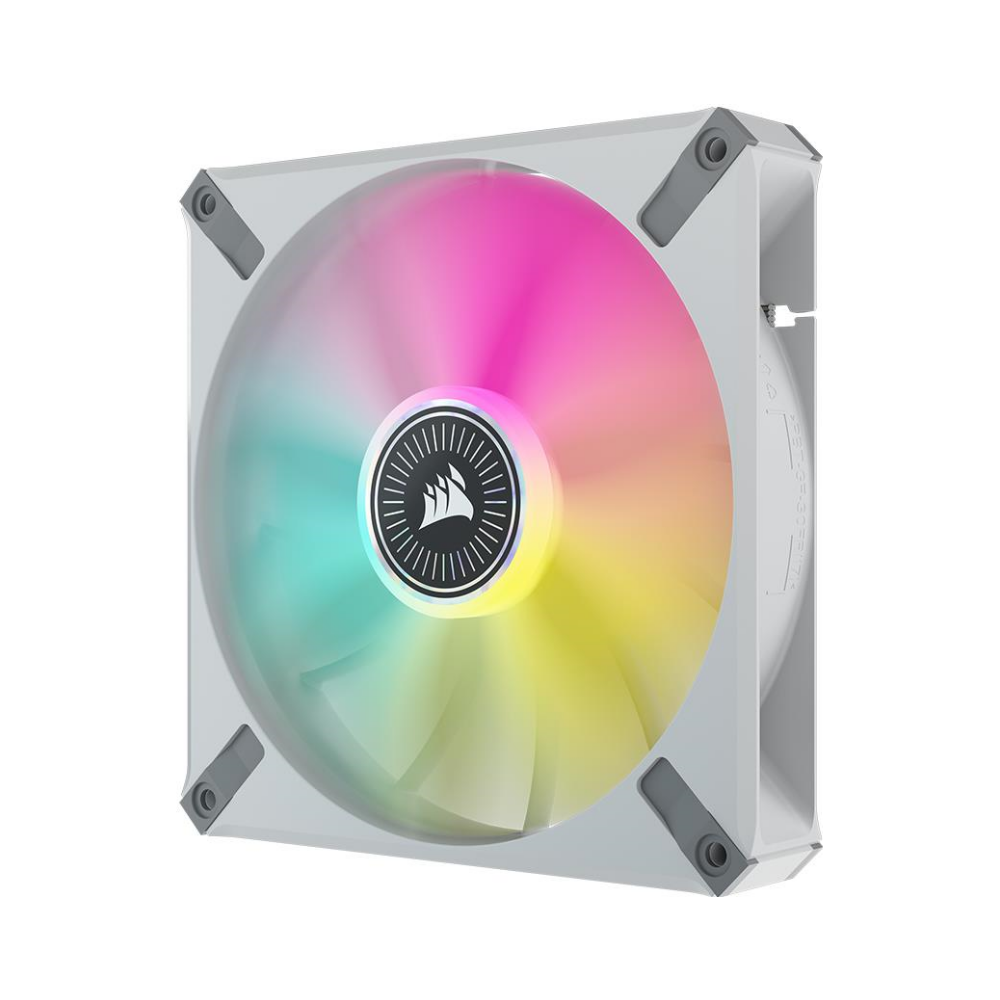 A large main feature product image of Corsair iCUE ML140 RGB Elite 140mm Mag-Lev RGB PWM Cooling Fan Dual Pack White