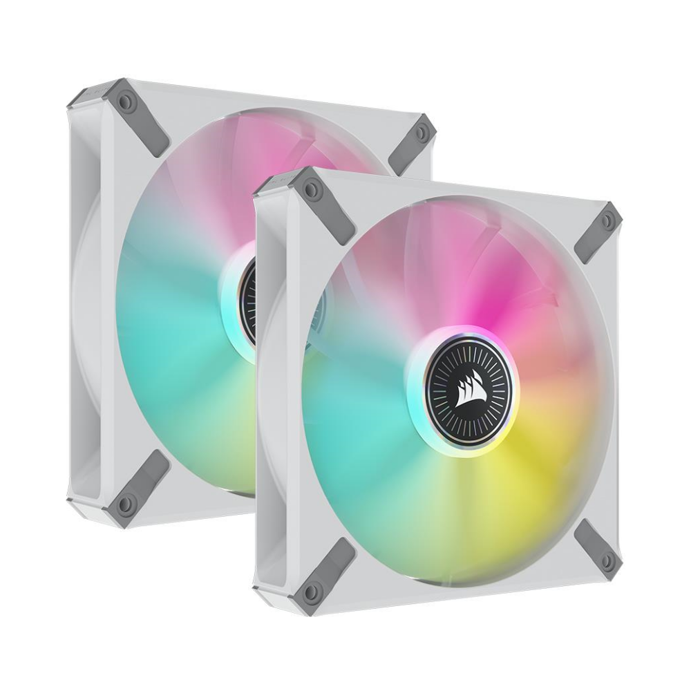 A large main feature product image of Corsair iCUE ML140 RGB Elite 140mm Mag-Lev RGB PWM Cooling Fan Dual Pack White