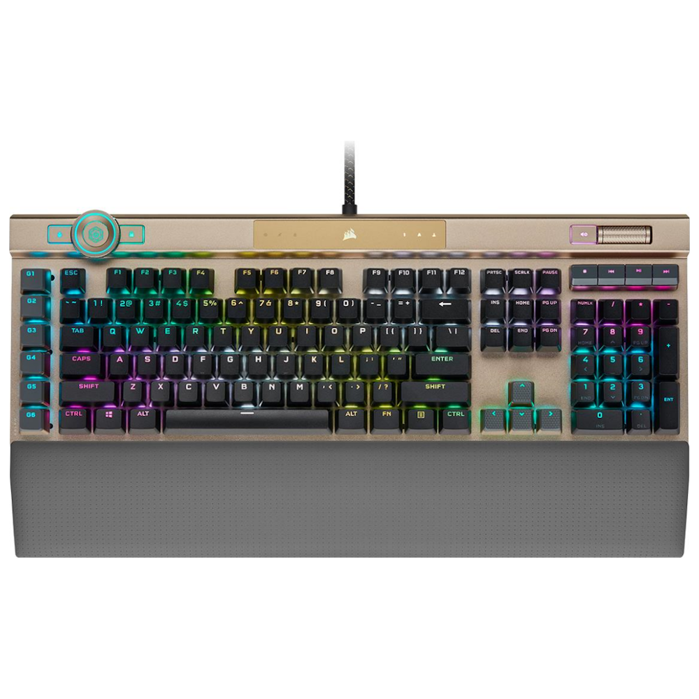 A large main feature product image of Corsair K100 RGB Optical-Mechanical Gaming Keyboard - Midnight Gold
