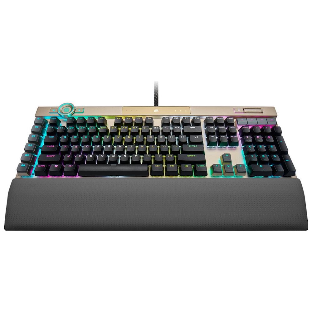 A large main feature product image of Corsair K100 RGB Optical-Mechanical Gaming Keyboard - Midnight Gold