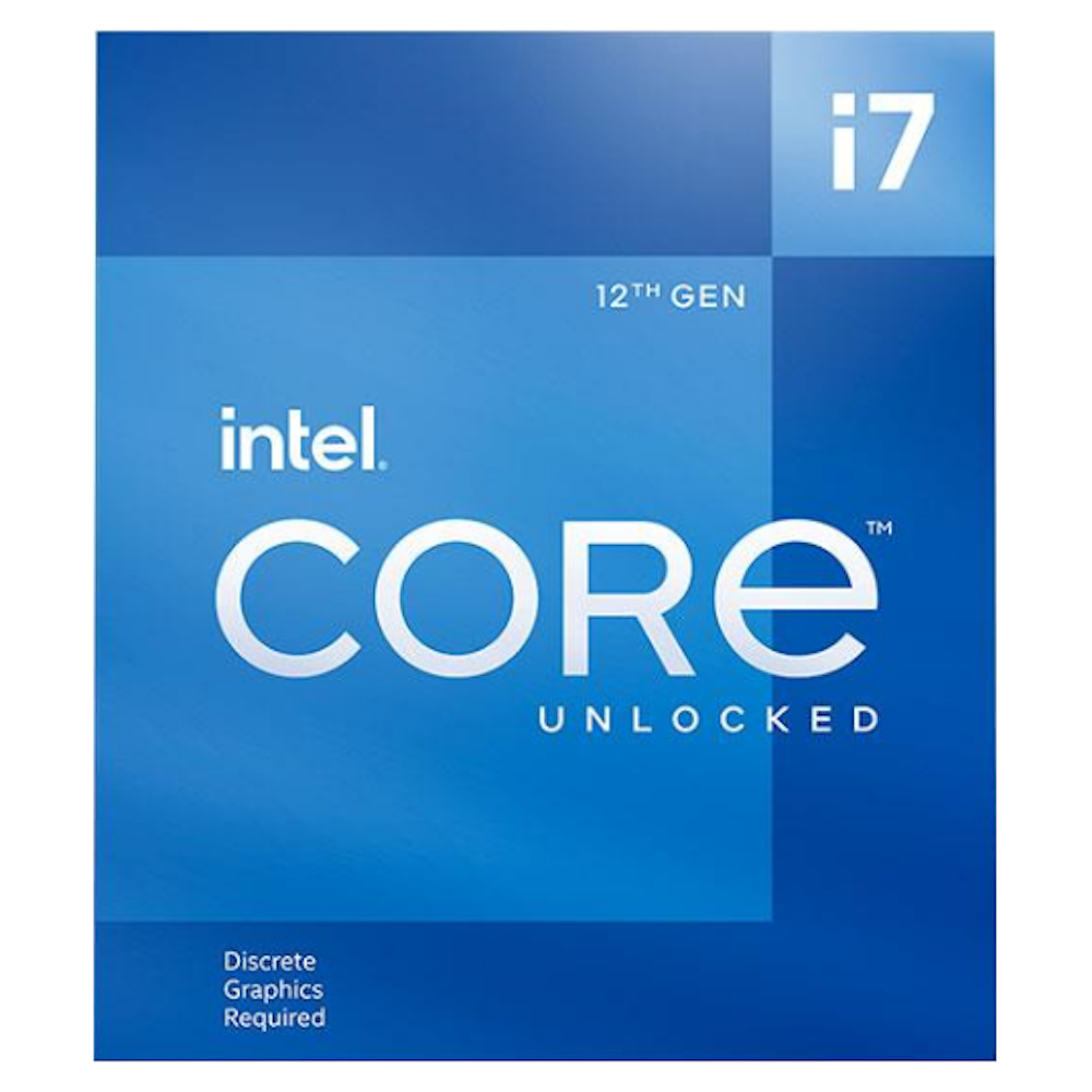 A large main feature product image of Intel Core i7 12700KF Alder Lake 12 Core 20 Thread Up To 5.0Ghz LGA1700 - No HSF/No iGPU Retail Box