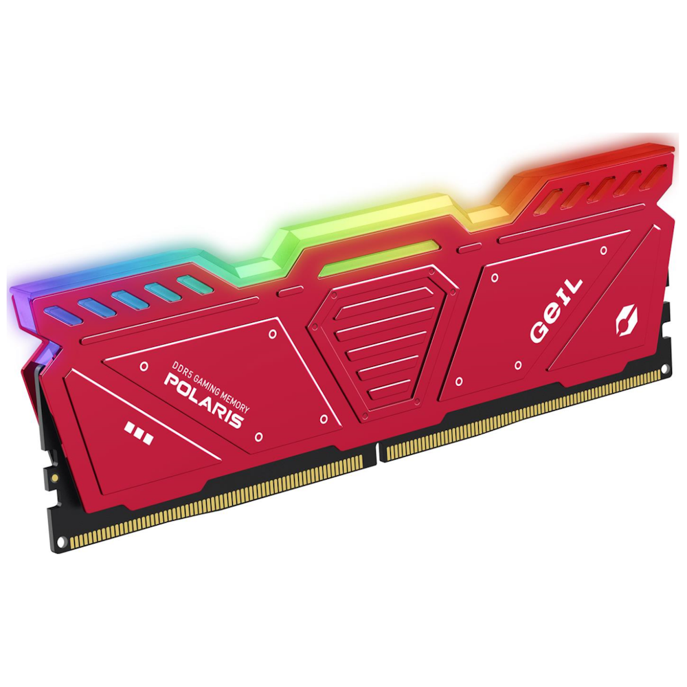 A large main feature product image of GeIL 32GB Kit (2x16GB) DDR5 Polaris Red RGB C40 4800MHz