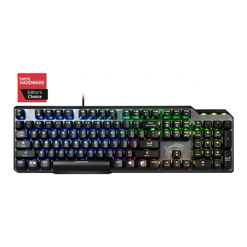 A large main feature product image of MSI Vigor GK50 Elite RGB Mechanical Gaming Keyboard - Kailh Blue
