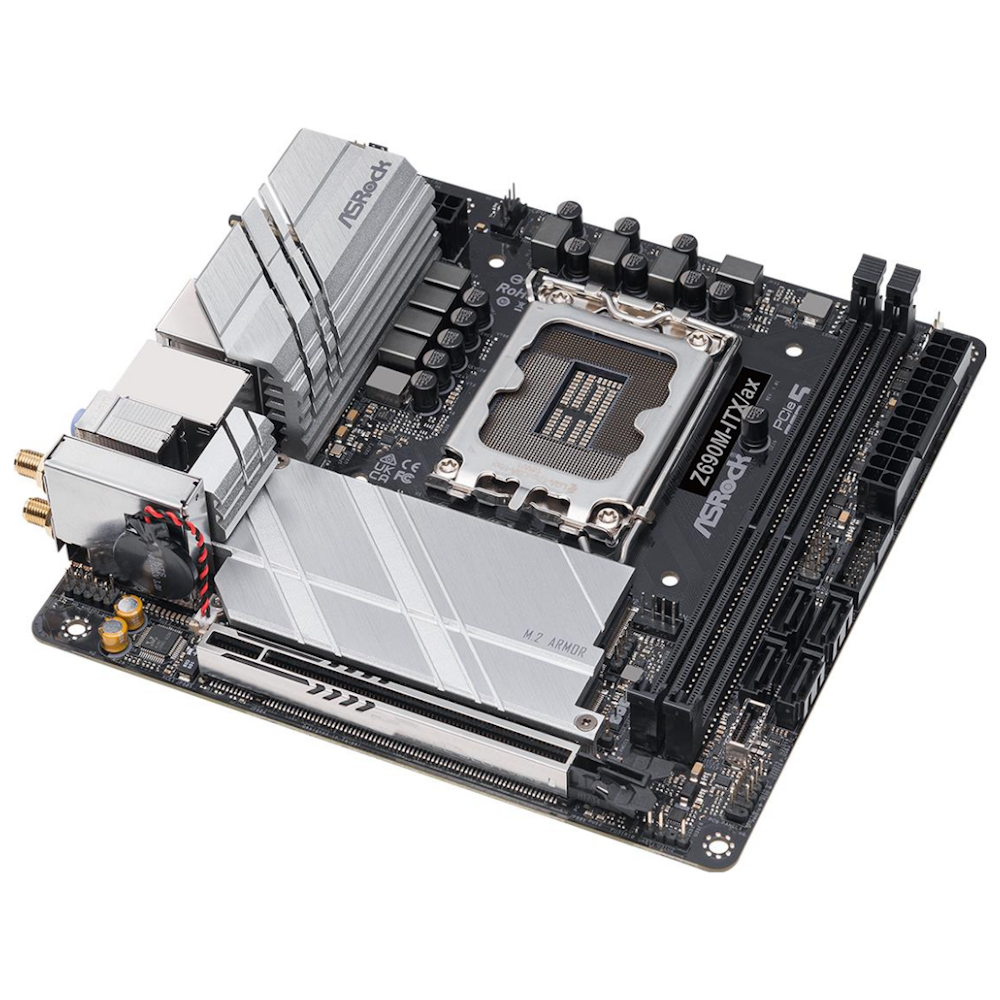 A large main feature product image of ASRock Z690M-ITX/ax DDR4 LGA1700 mITX Desktop Motherboard