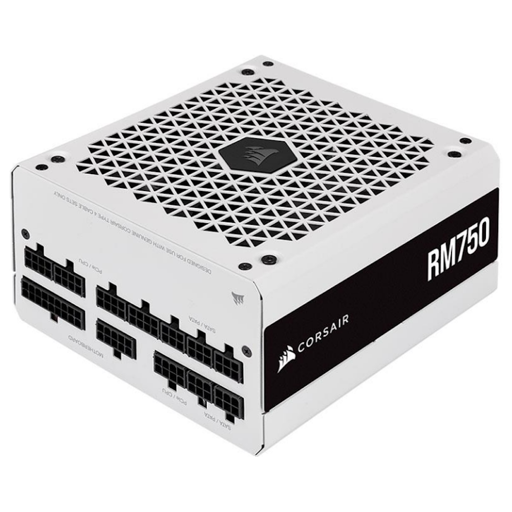 A large main feature product image of Corsair RM750 2021 750W Gold ATX Modular PSU - White