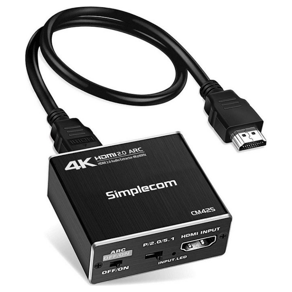 A large main feature product image of Simplecom CM425 HDMI Audio Extractor HDMI to HDMI + Optical SPDIF/3.5mm Stereo