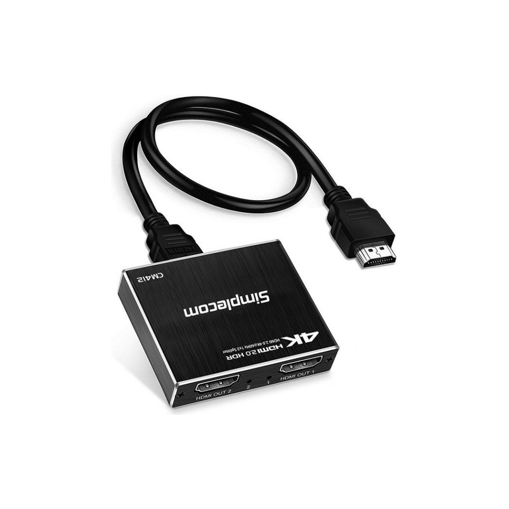 A large main feature product image of Simplecom CM412 HDMI 2.0 1x2 Splitter 1 in 2 Out HDMI Duplicator