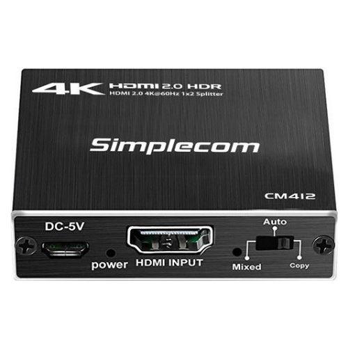 A large main feature product image of Simplecom CM412 HDMI 2.0 1x2 Splitter 1 in 2 Out HDMI Duplicator