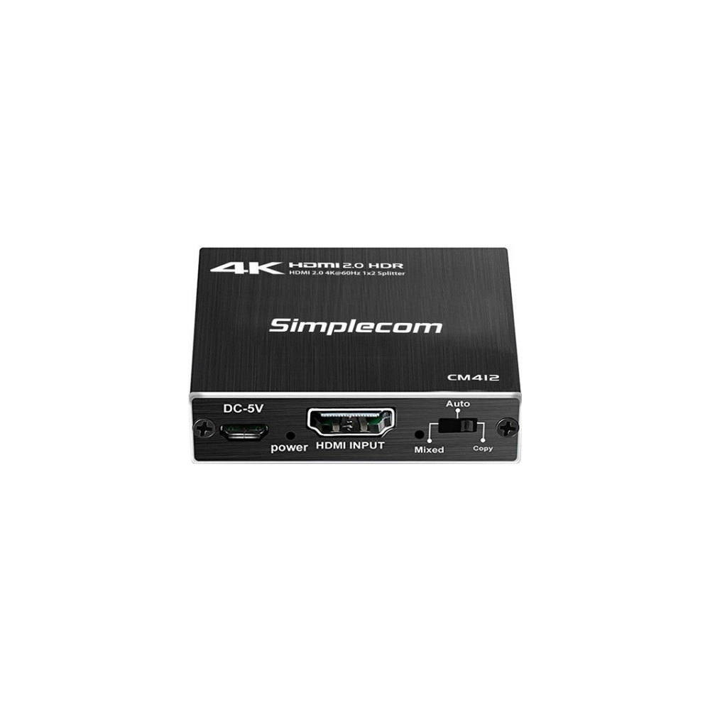 A large main feature product image of Simplecom CM412 HDMI 2.0 1x2 Splitter 1 in 2 Out HDMI Duplicator