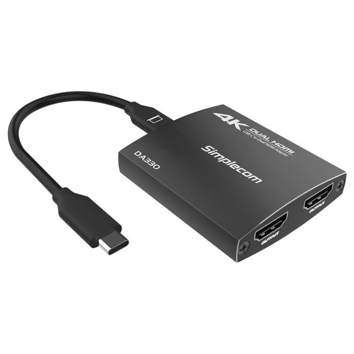 A large main feature product image of Simplecom 4K USB Type-C to Dual HDMI MST Hub with PD & Audio Out
