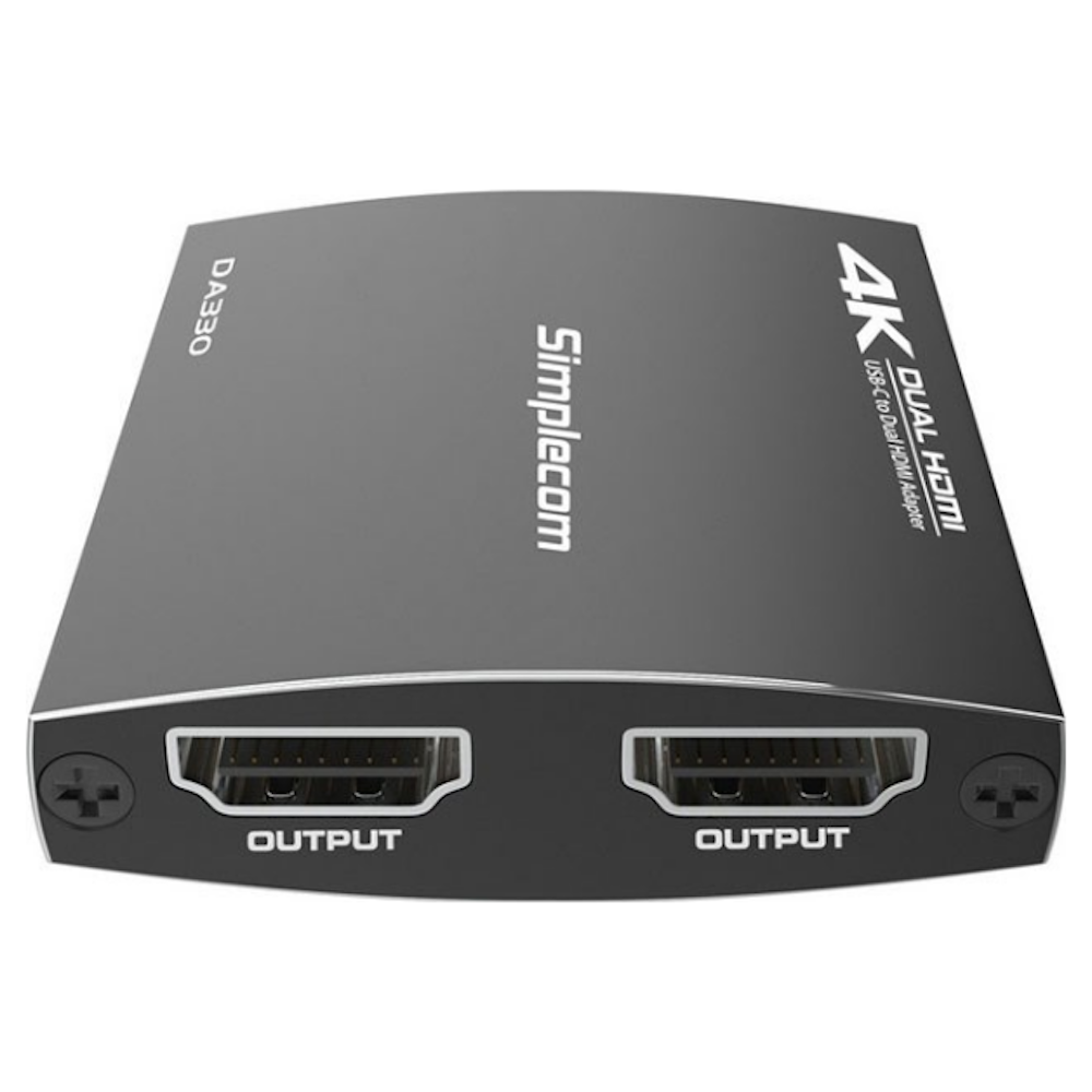 A large main feature product image of Simplecom 4K USB-C to Dual HDMI MST Hub with PD & Audio Out