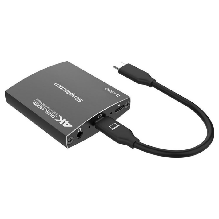 A large main feature product image of Simplecom 4K USB Type-C to Dual HDMI MST Hub with PD & Audio Out