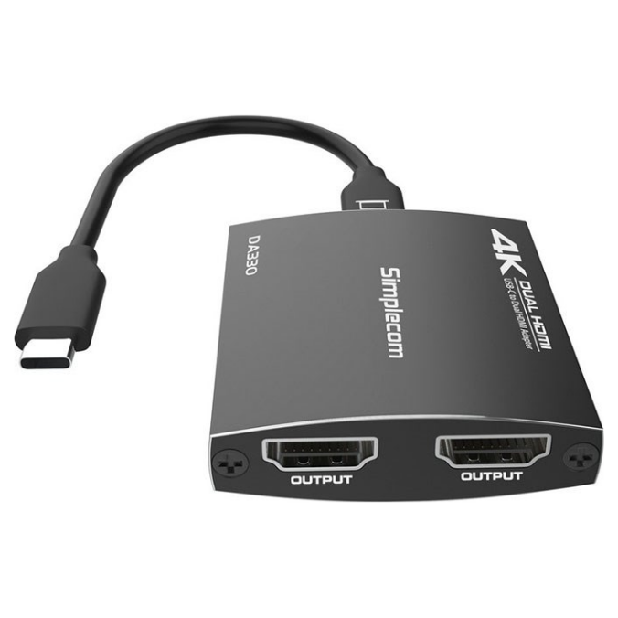 A large main feature product image of Simplecom 4K USB Type-C to Dual HDMI MST Hub with PD & Audio Out