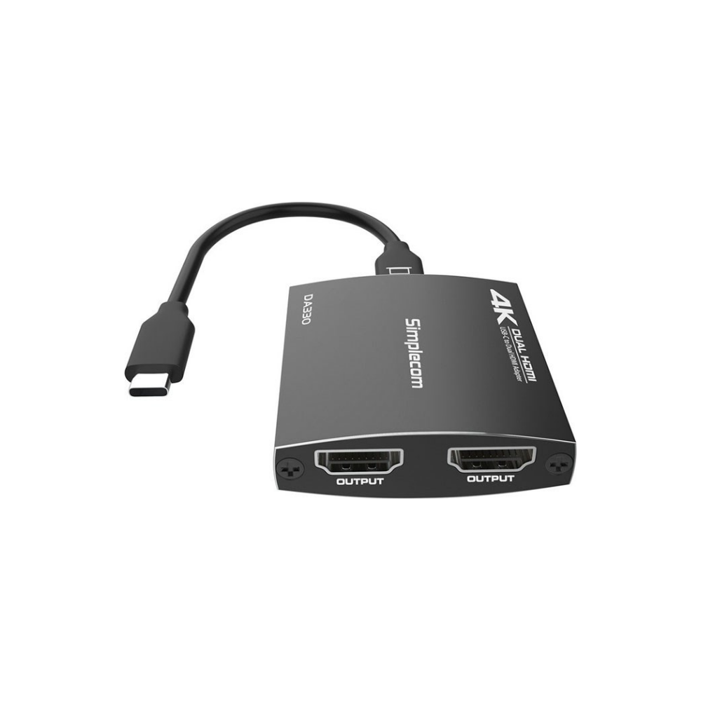 A large main feature product image of Simplecom 4K USB-C to Dual HDMI MST Hub with PD & Audio Out