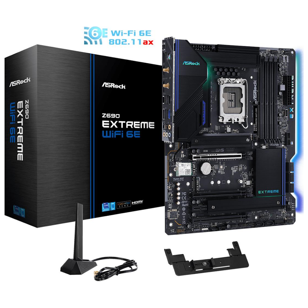 A large main feature product image of ASRock Z690 Extreme WiFi 6E LGA1700 ATX Desktop Motherboard