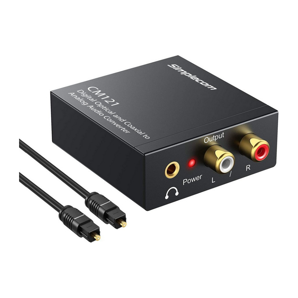 A large main feature product image of Simplecom CM121 Digital Optical Toslink/Coaxial to Analog RCA Audio Converter