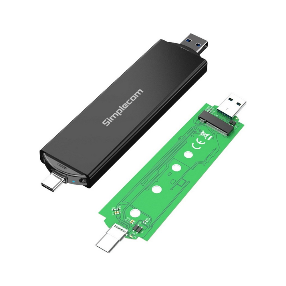 A large main feature product image of Simplecom SE522 NVMe/SATA M.2 SSD to USB 3.2 Gen 2 Dual USB Connector Enclosure