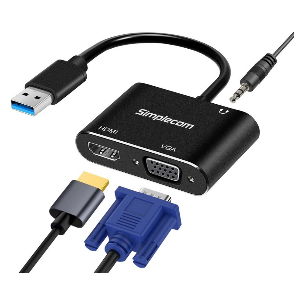 A large main feature product image of Simplecom DA316A USB to HDMI/VGA Adapter with 3.5mm Audio