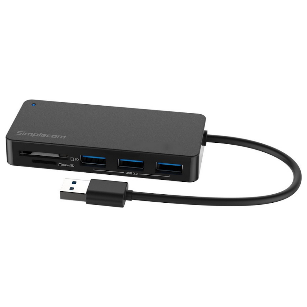 A large main feature product image of Simplecom CH368 3 Port USB 3.0 Hub with Card Reader