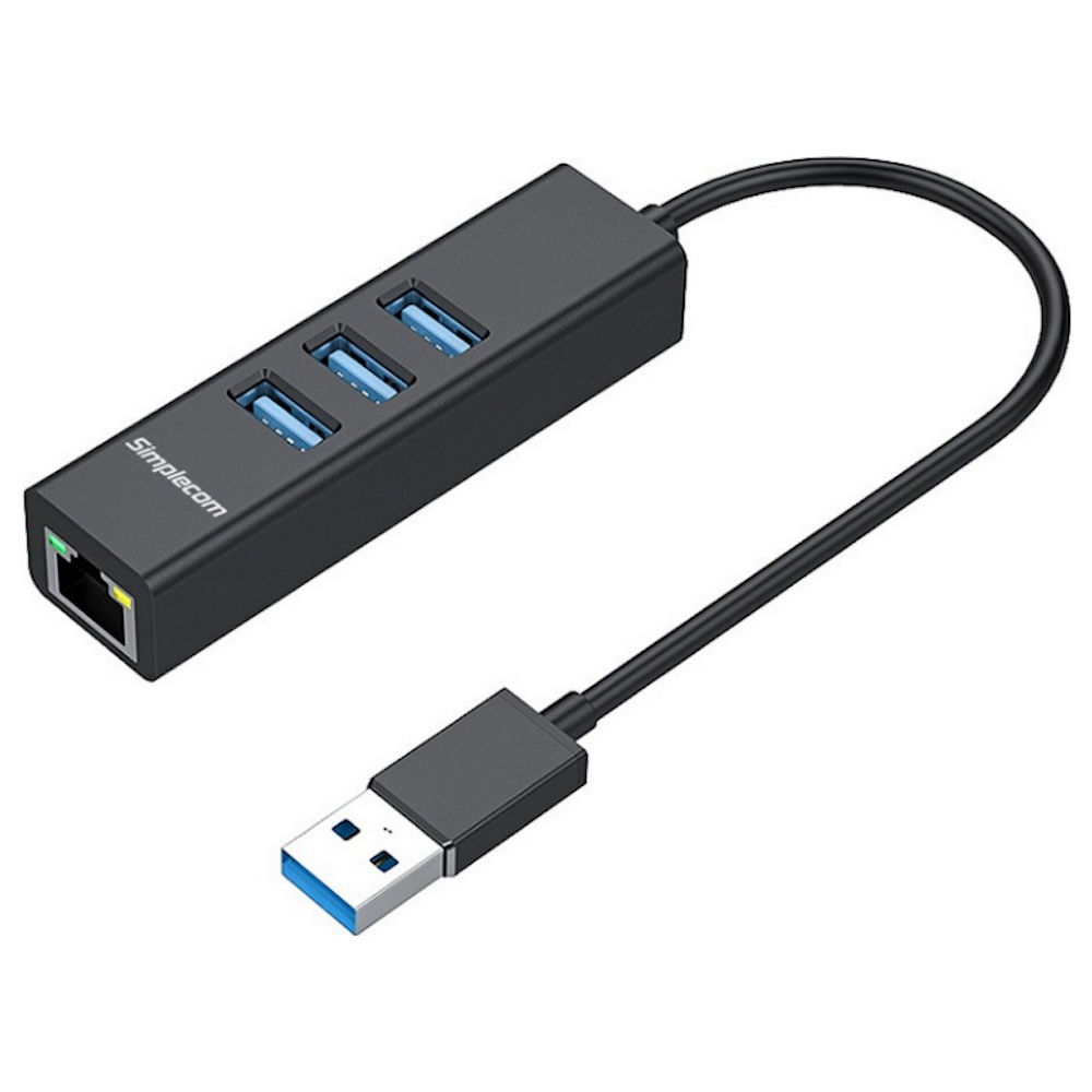 A large main feature product image of Simplecom CHN420 USB-A to 3 Port USB-A HUB w/ Gigabit Ethernet Adapter - Black