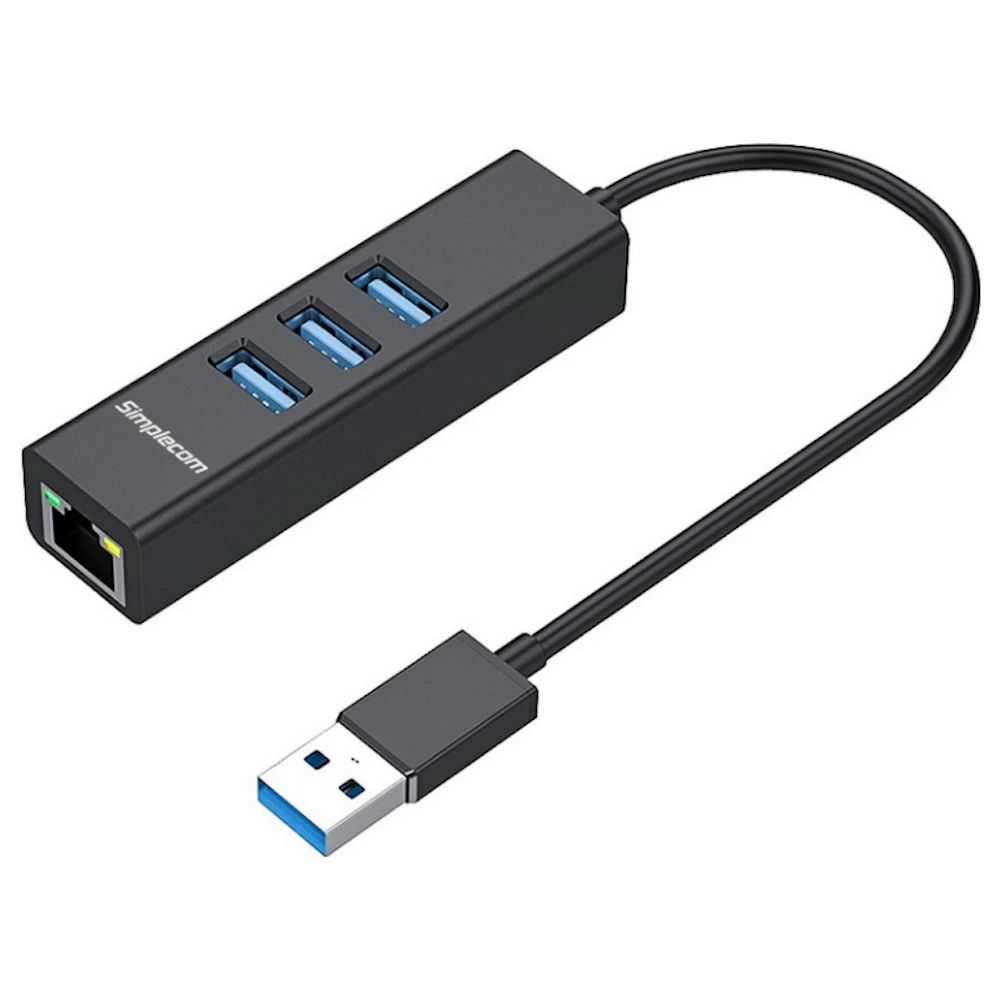 Simplecom CHN420 USB-A to 3 Port USB-A HUB w/ Gigabit Ethernet Adapter - Black