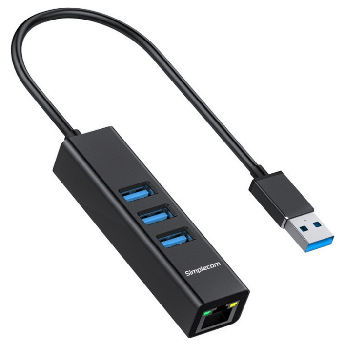 A large main feature product image of Simplecom CHN420 USB-A to 3 Port USB-A HUB w/ Gigabit Ethernet Adapter - Black