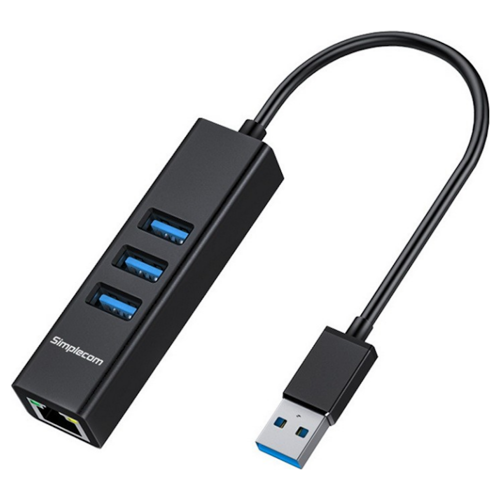 A large main feature product image of Simplecom CHN420 USB-A to 3 Port USB-A HUB w/ Gigabit Ethernet Adapter - Black
