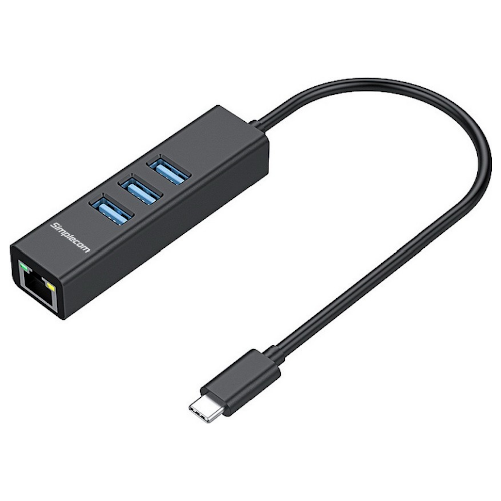 A large main feature product image of Simplecom CHN421 USB-C to 3 Port USB-A HUB w/ Gigabit Ethernet Adapter - Black