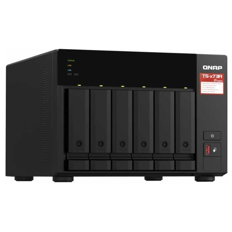 A large main feature product image of QNAP TS-673A 6-Bay NAS (2.2GHz Ryzen 4-Core/8-Thread, 8GB RAM, Dual 2.5GbE)