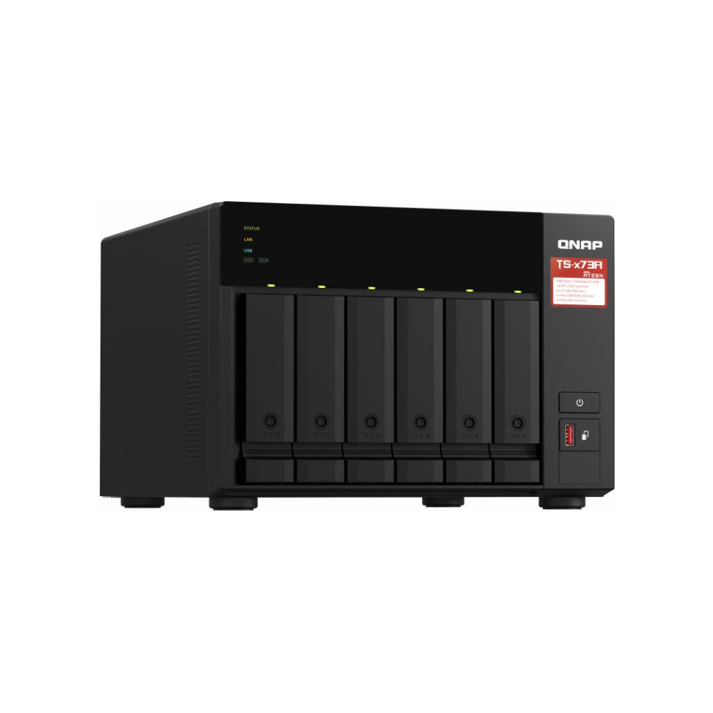 A large main feature product image of QNAP TS-673A 2.2GHz 8GB 6-Bay NAS Enclosure