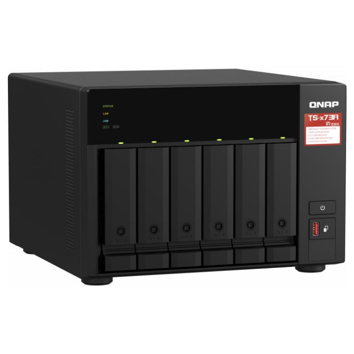 A large main feature product image of QNAP TS-673A 6-Bay NAS (2.2GHz Ryzen 4-Core/8-Thread, 8GB RAM, Dual 2.5GbE)