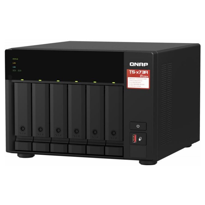 A large main feature product image of QNAP TS-673A 6-Bay NAS (2.2GHz Ryzen 4-Core/8-Thread, 8GB RAM, Dual 2.5GbE)