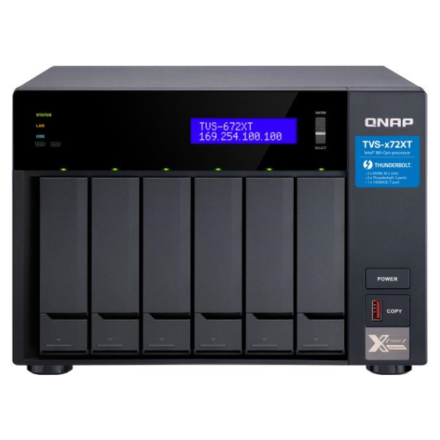A large main feature product image of QNAP TVS-672XT 6-Bay NAS (3.1GHz Intel i3 4-Core, 8GB RAM, 10GbE)