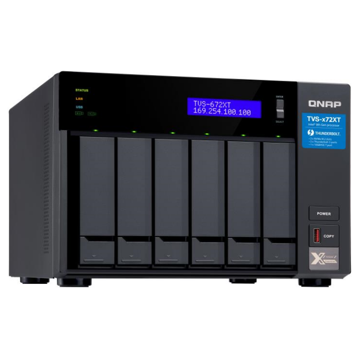 A large main feature product image of QNAP TVS-672XT 6-Bay NAS (3.1GHz Intel i3 4-Core, 8GB RAM, 10GbE)