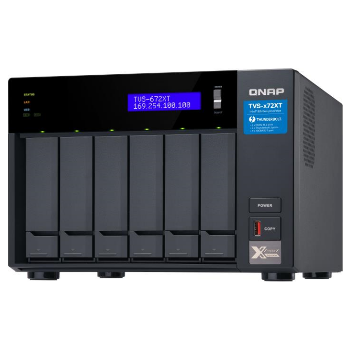 A large main feature product image of QNAP TVS-672XT 6-Bay NAS (3.1GHz Intel i3 4-Core, 8GB RAM, 10GbE)