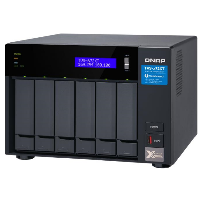 A large main feature product image of QNAP TVS-672XT 6-Bay NAS (3.1GHz Intel i3 4-Core, 8GB RAM, 10GbE)