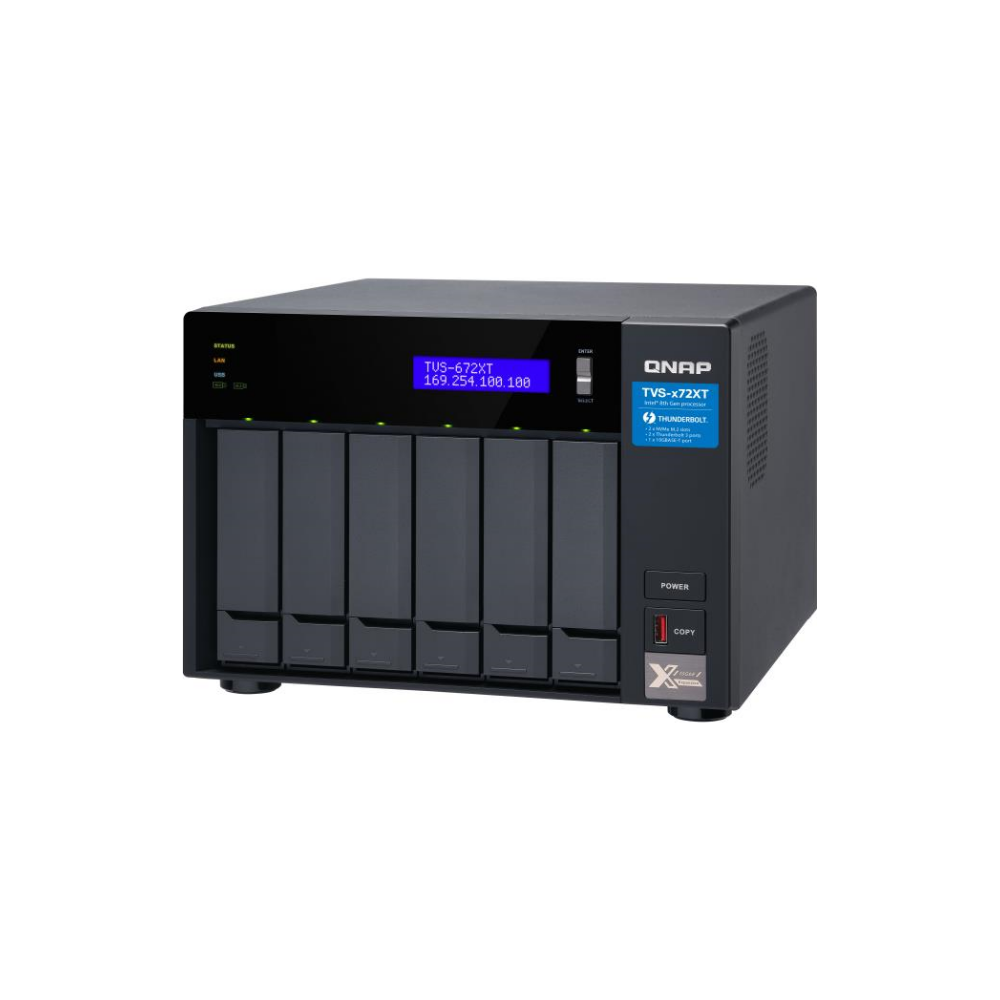A large main feature product image of QNAP TVS-672XT 6-Bay NAS (3.1GHz Intel i3 4-Core, 8GB RAM, 10GbE)