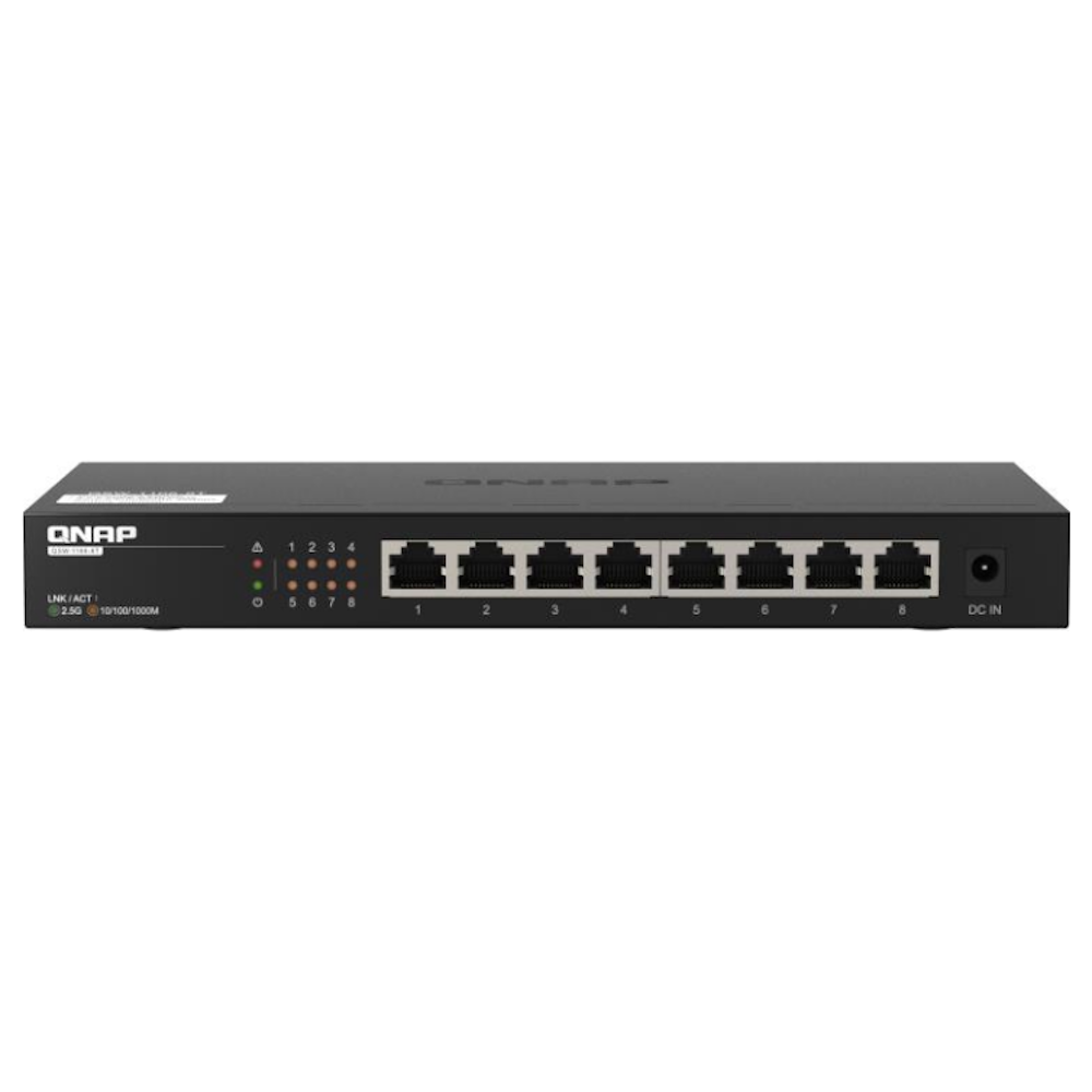 A large main feature product image of QNAP QSW-1108-8T 2.5GbE 8-Port Network Switch