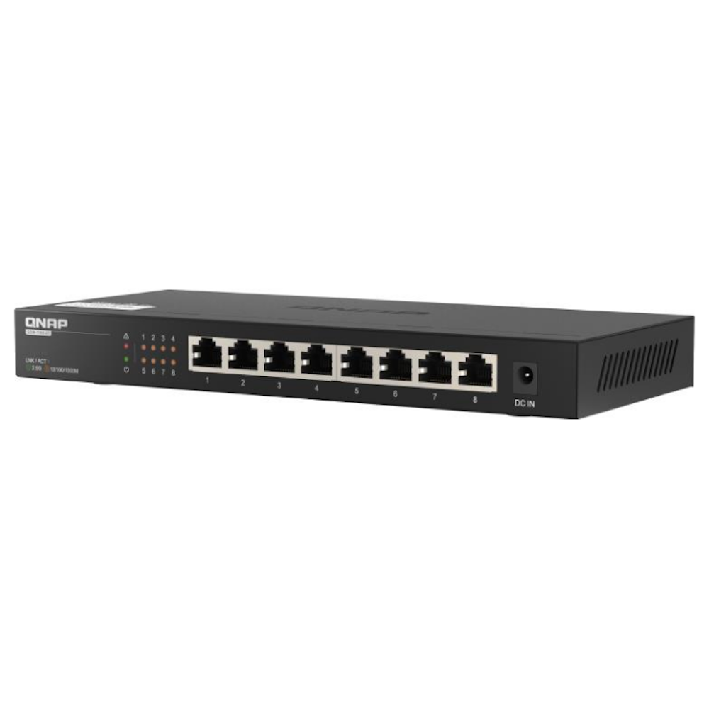 A large main feature product image of QNAP QSW-1108-8T 2.5GbE 8-Port Network Switch